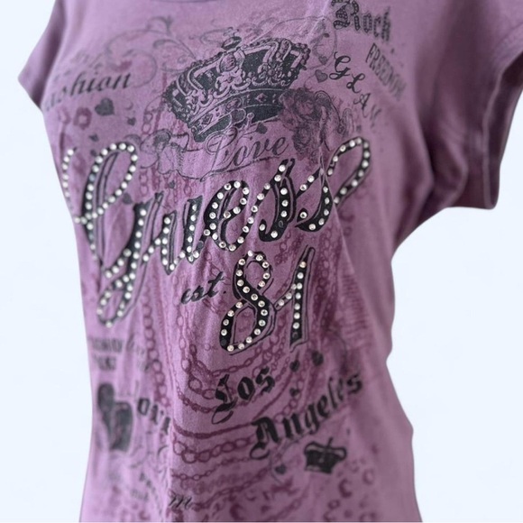Guess Tops - Guess Womens Purple Graphic Rhinestone Shirt Grunge Alt Girl Short Sleeve Large
